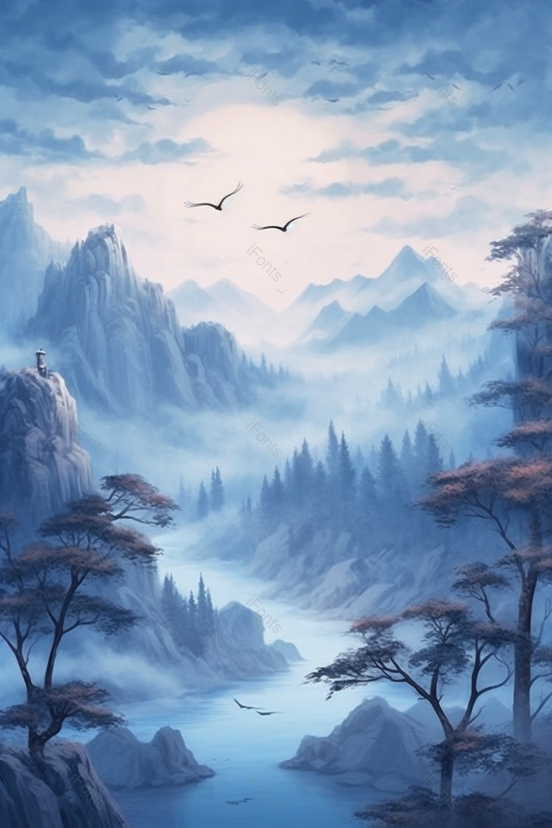 中国风蓝色山水国画山中风景,插画/手绘图,插画/手绘图库,插画/手绘图下载,插画/手绘
